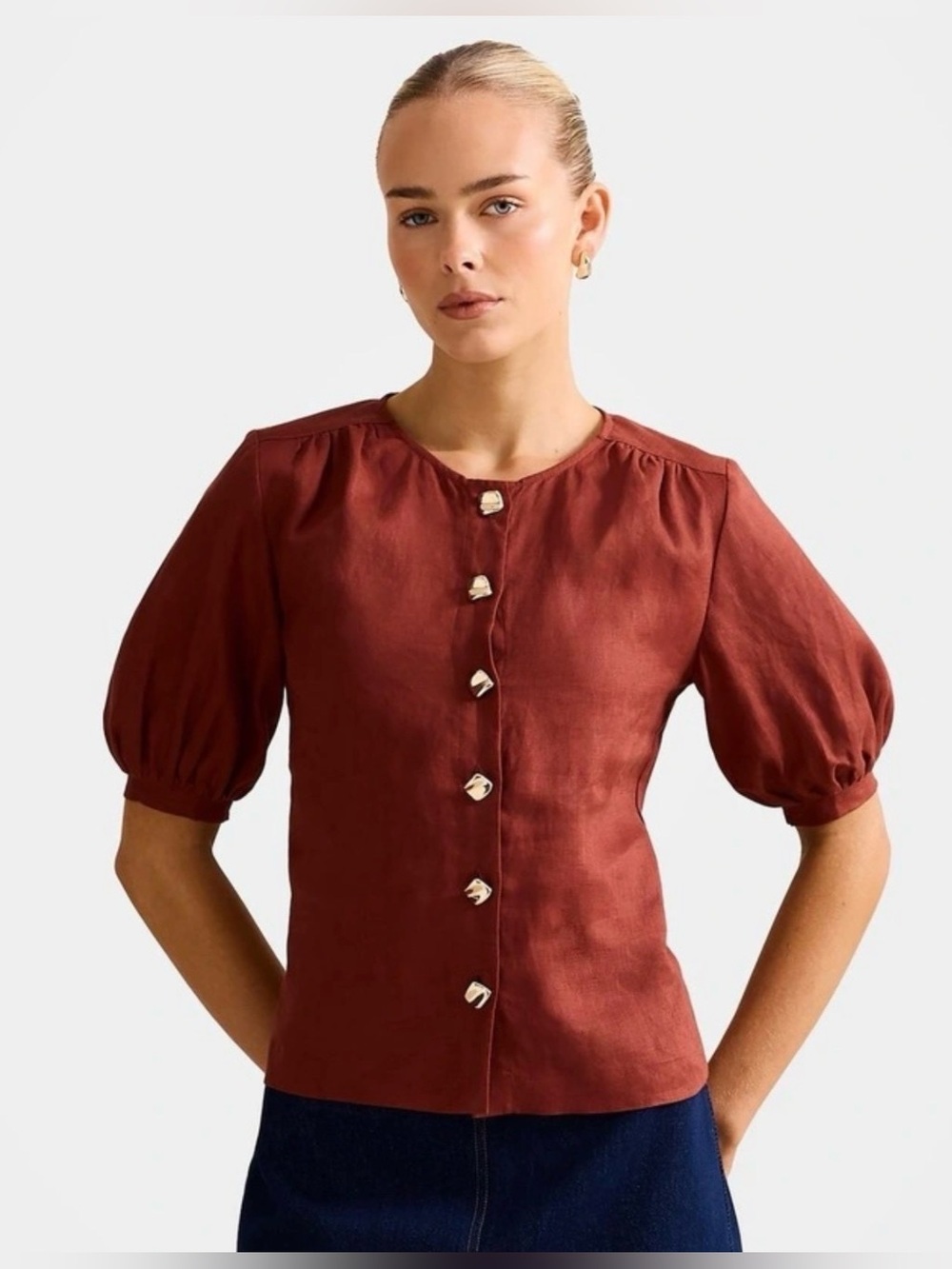 NWT Forever New Riley Button-Front Linen Top in terracotta, Size 4